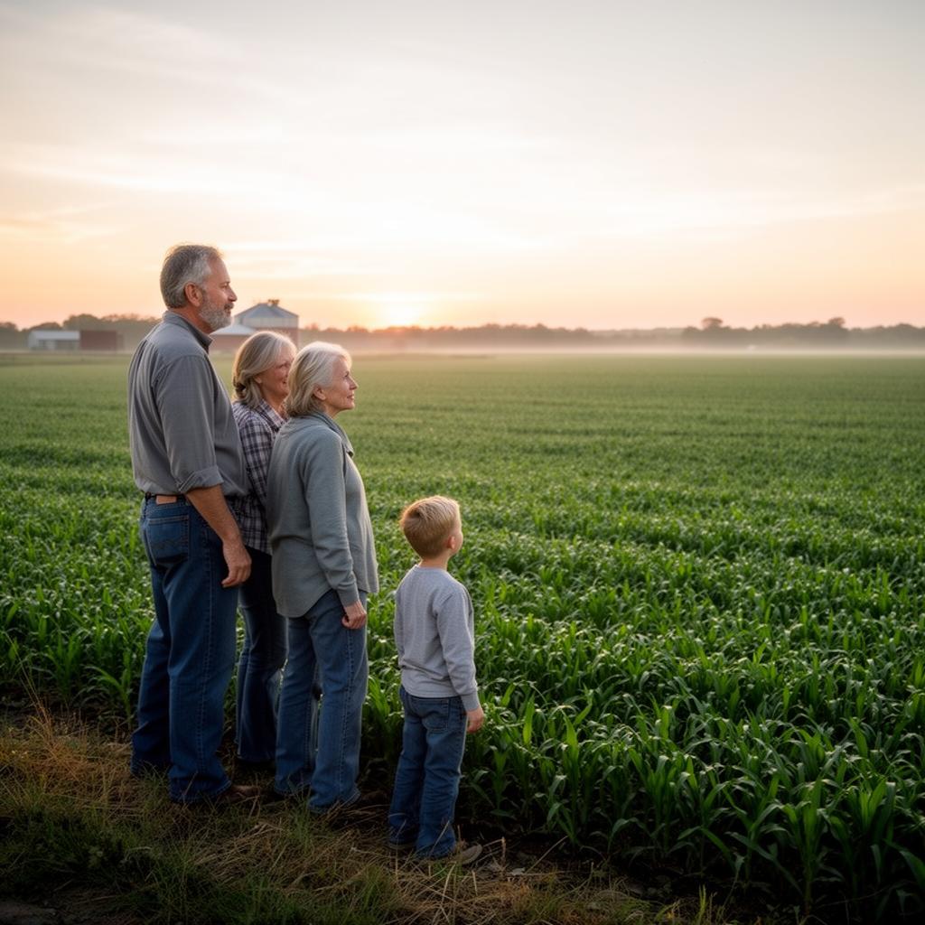 A multi-generational farming family looking out over their fields at dawn