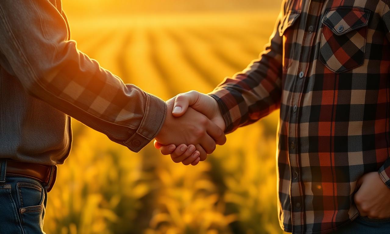 Two farmers shaking hands in a sunlit field