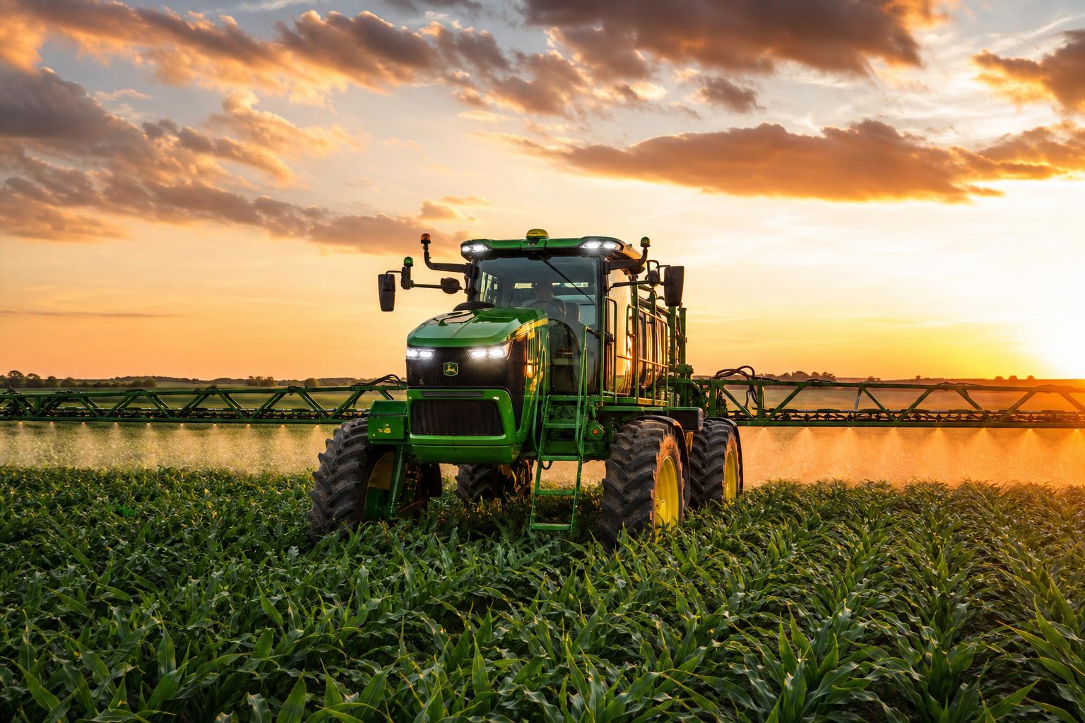 John Deere sprayer working a lush farm field at golden hour