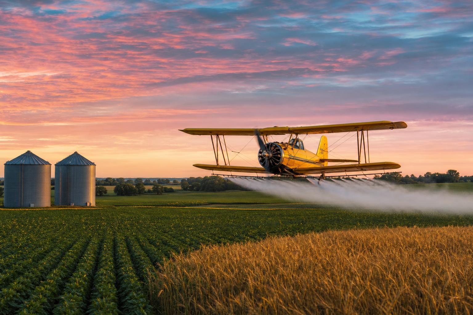 Yellow biplane crop duster spraying a farm field at sunset