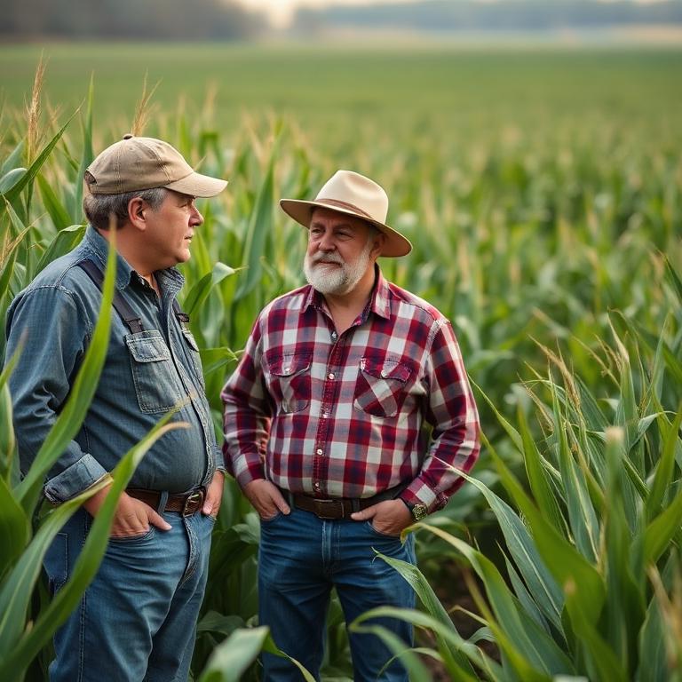 Agronomist walking a Midwest corn field at sunrise educating a farmer