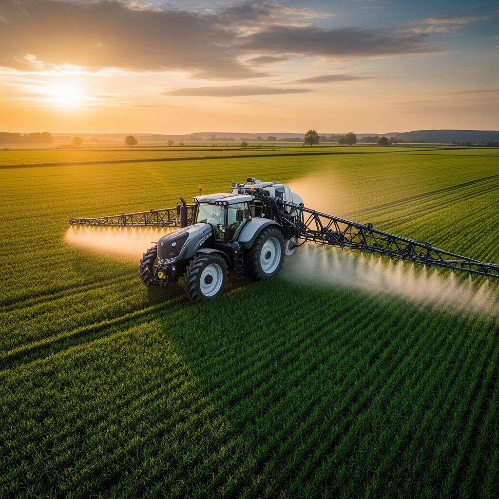 Farmer using a tablet in the cab of a sprayer to plan field inputs