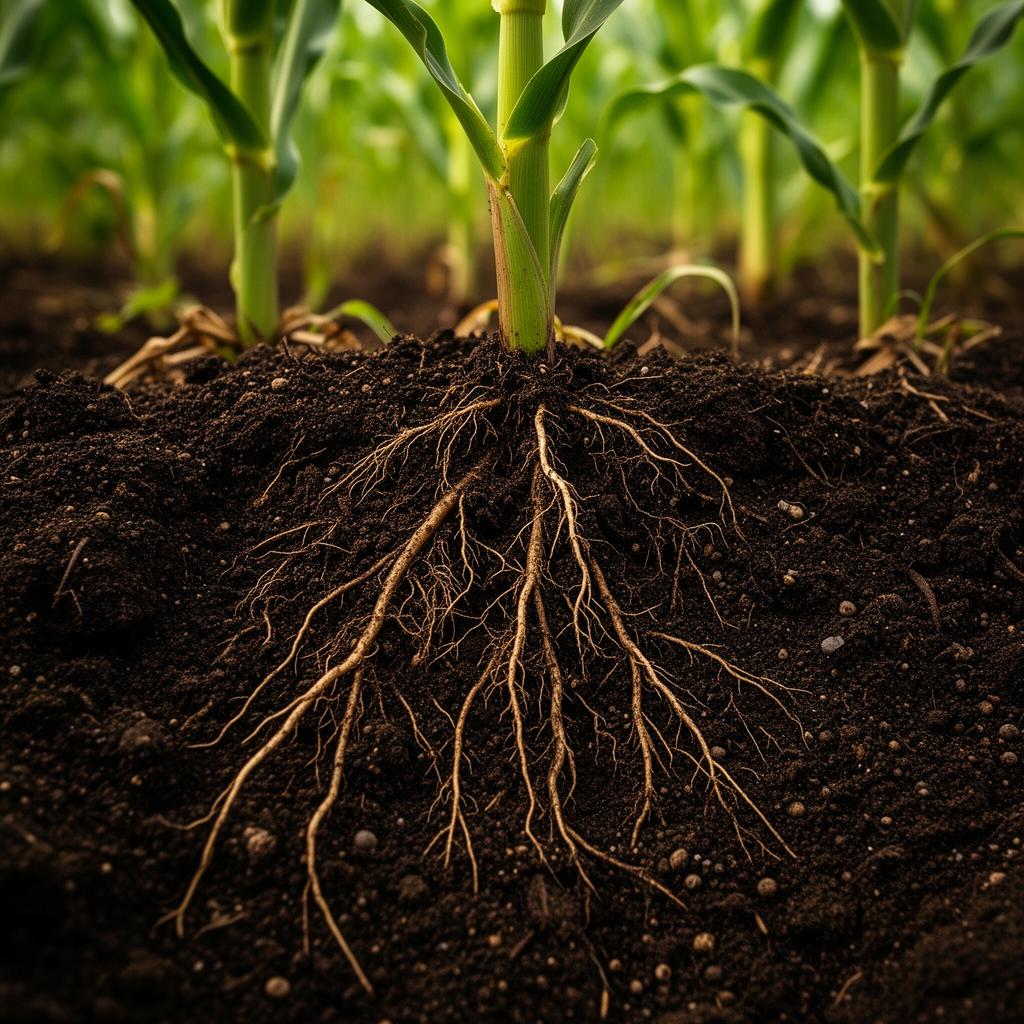 Healthy corn roots running deep into rich farm soil